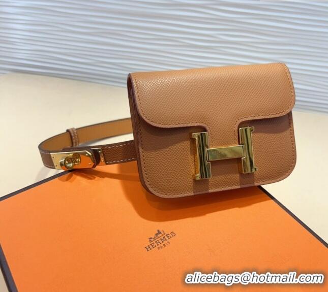 Buy Fashionable Hermes Kelly Buckle Pouch Belt in Grained Calfskin with Gold Hardware 0706 Brown 2024