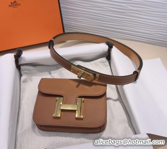 Buy Fashionable Hermes Kelly Buckle Pouch Belt in Grained Calfskin with Gold Hardware 0706 Brown 2024