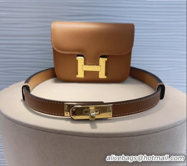 Buy Fashionable Hermes Kelly Buckle Pouch Belt in Grained Calfskin with Gold Hardware 0706 Brown 2024