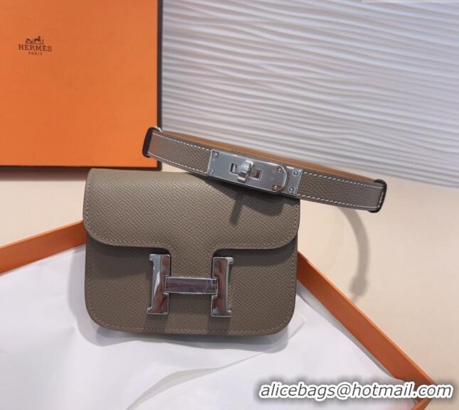 Luxury Cheap Hermes Kelly Buckle Slim Pouch Belt in Grained Calfskin with Silver Hardware 0706 Grey 2024