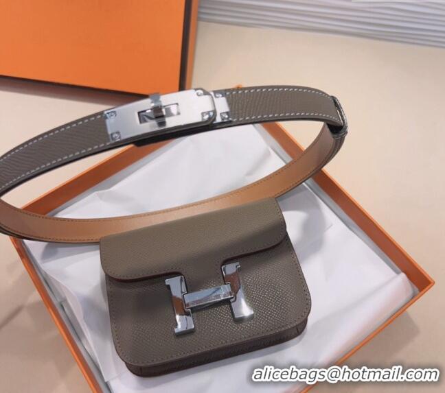 Luxury Cheap Hermes Kelly Buckle Slim Pouch Belt in Grained Calfskin with Silver Hardware 0706 Grey 2024