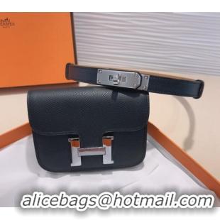 Popular Style Hermes Kelly Buckle Slim Pouch Belt in Grained Calfskin with Silver Hardware 0706 Black 2024