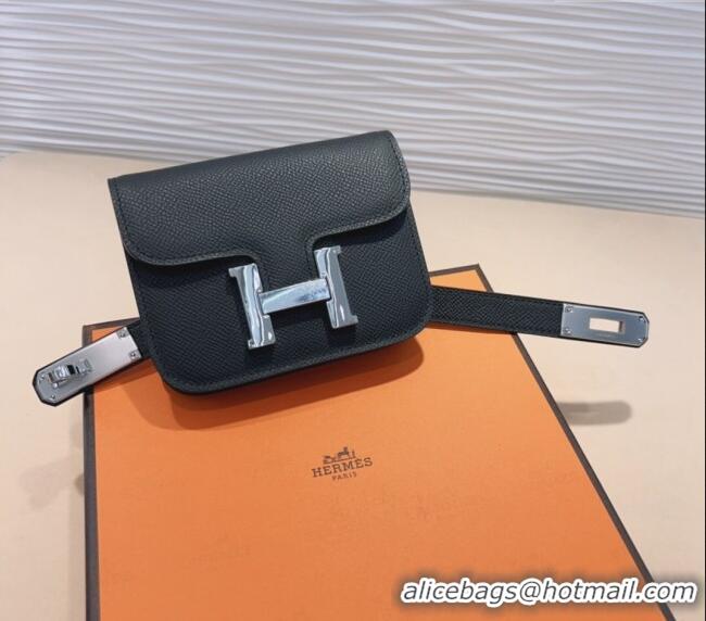 Popular Style Hermes Kelly Buckle Slim Pouch Belt in Grained Calfskin with Silver Hardware 0706 Black 2024