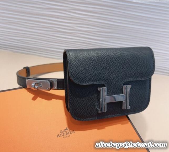 Popular Style Hermes Kelly Buckle Slim Pouch Belt in Grained Calfskin with Silver Hardware 0706 Black 2024