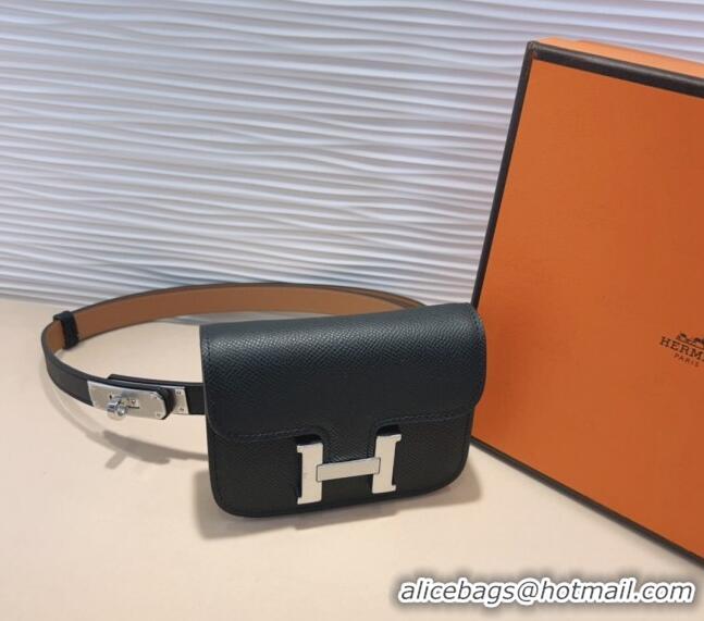 Popular Style Hermes Kelly Buckle Slim Pouch Belt in Grained Calfskin with Silver Hardware 0706 Black 2024