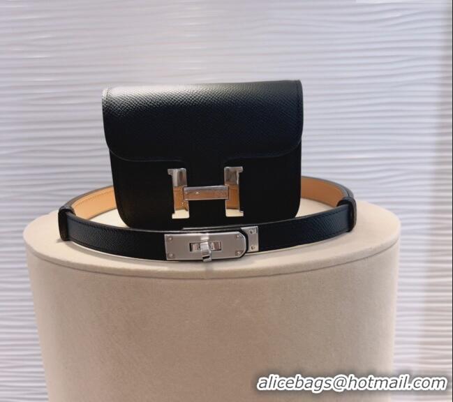 Popular Style Hermes Kelly Buckle Slim Pouch Belt in Grained Calfskin with Silver Hardware 0706 Black 2024