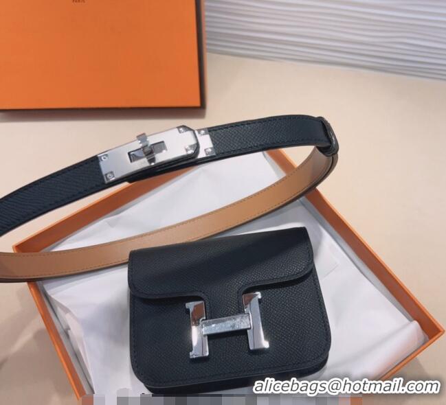 Popular Style Hermes Kelly Buckle Slim Pouch Belt in Grained Calfskin with Silver Hardware 0706 Black 2024