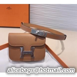 Good Looking Hermes Kelly Buckle Slim Pouch Belt in Grained Calfskin with Silver Hardware 0706 Brown 2024