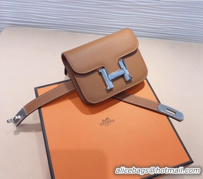 Good Looking Hermes Kelly Buckle Slim Pouch Belt in Grained Calfskin with Silver Hardware 0706 Brown 2024