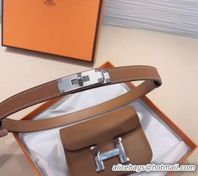 Good Looking Hermes Kelly Buckle Slim Pouch Belt in Grained Calfskin with Silver Hardware 0706 Brown 2024