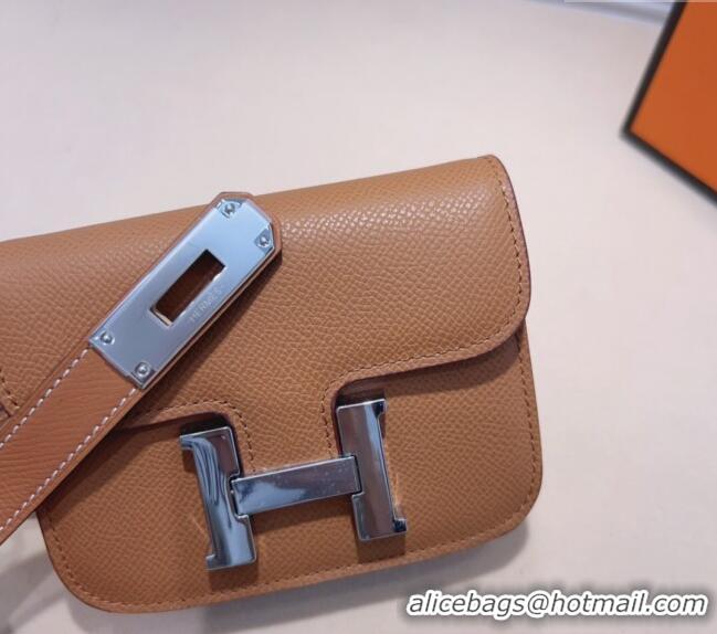 Good Looking Hermes Kelly Buckle Slim Pouch Belt in Grained Calfskin with Silver Hardware 0706 Brown 2024