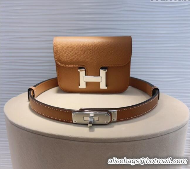 Good Looking Hermes Kelly Buckle Slim Pouch Belt in Grained Calfskin with Silver Hardware 0706 Brown 2024