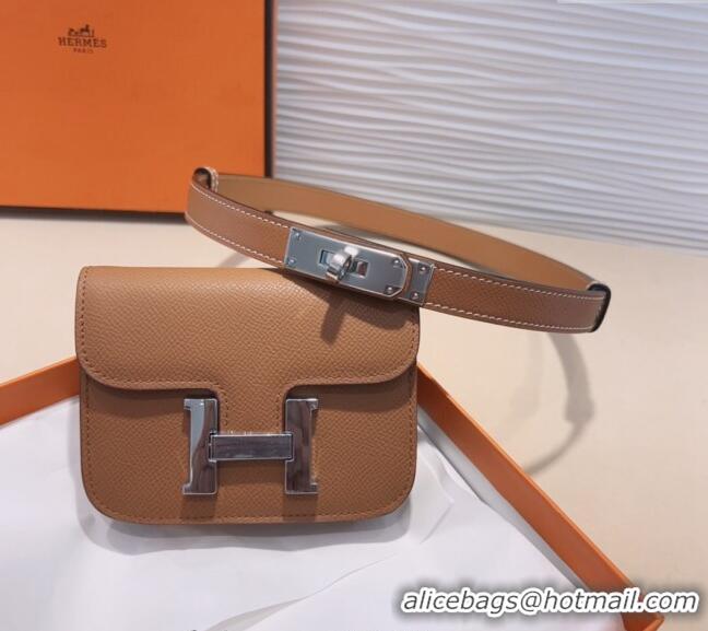 Good Looking Hermes Kelly Buckle Slim Pouch Belt in Grained Calfskin with Silver Hardware 0706 Brown 2024