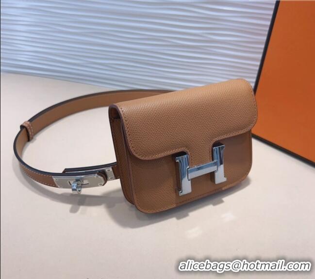 Good Looking Hermes Kelly Buckle Slim Pouch Belt in Grained Calfskin with Silver Hardware 0706 Brown 2024