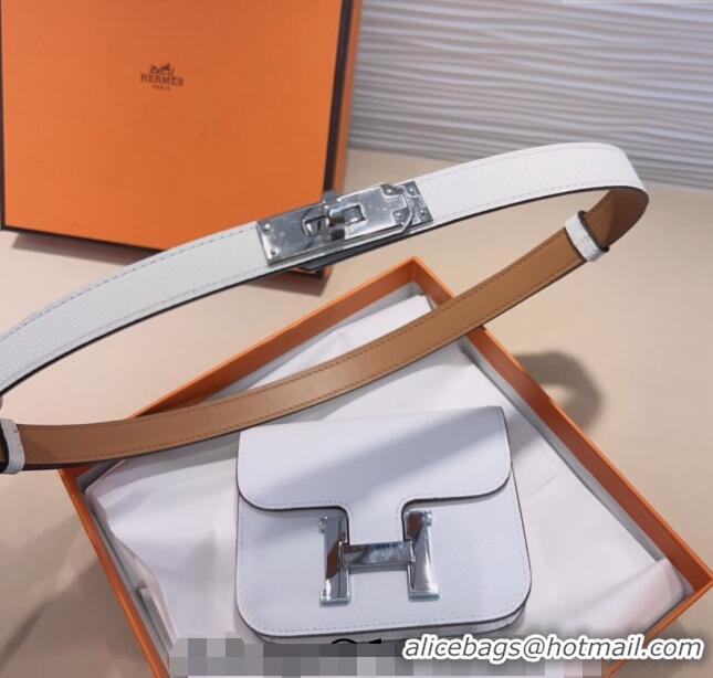 Good Looking Hermes Kelly Buckle Slim Pouch Belt in Grained Calfskin with Silver Hardware 0706 White 2024