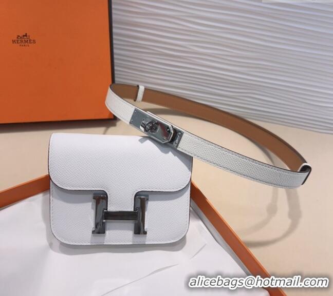 Good Looking Hermes Kelly Buckle Slim Pouch Belt in Grained Calfskin with Silver Hardware 0706 White 2024