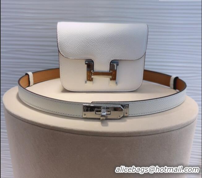 Good Looking Hermes Kelly Buckle Slim Pouch Belt in Grained Calfskin with Silver Hardware 0706 White 2024