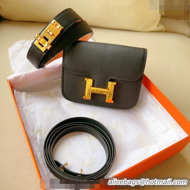 Super Quality Hermes Constance Slim Pouch Belt in Grained Calfskin with Gold Hardware 0706 Black 2024