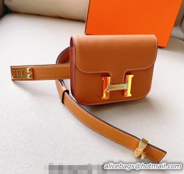 Best Price Hermes Constance Slim Pouch Belt in Grained Calfskin with Gold Hardware 0706 Brown 2024