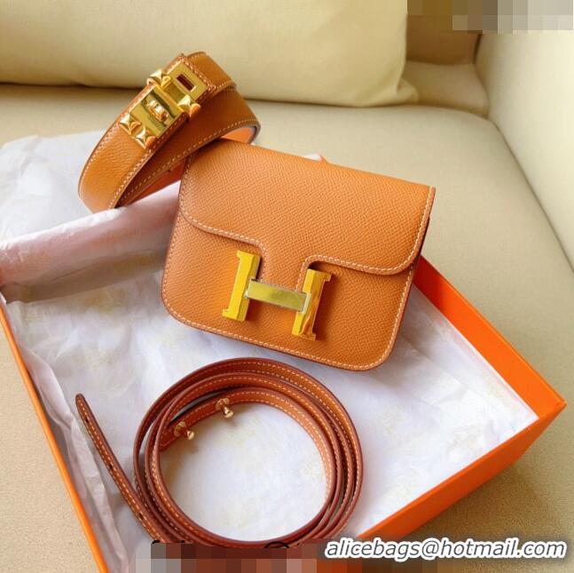 Best Price Hermes Constance Slim Pouch Belt in Grained Calfskin with Gold Hardware 0706 Brown 2024