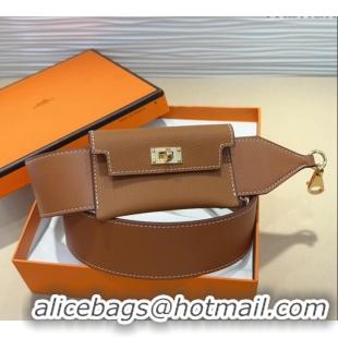 Famous Brand Hermes Kelly Pocket Trap Pouch Belt in Grianed Calfskin with Gold Buckle 8042 Brown 2024