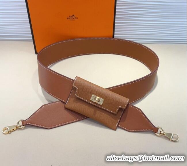 Famous Brand Hermes Kelly Pocket Trap Pouch Belt in Grianed Calfskin with Gold Buckle 8042 Brown 2024