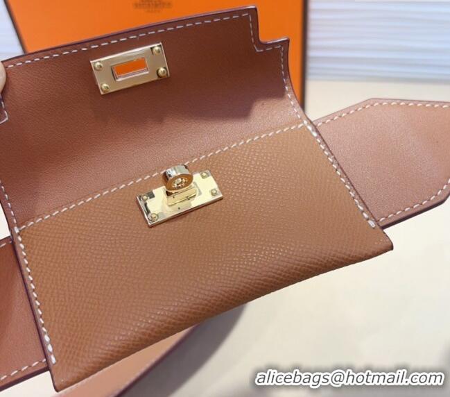 Famous Brand Hermes Kelly Pocket Trap Pouch Belt in Grianed Calfskin with Gold Buckle 8042 Brown 2024