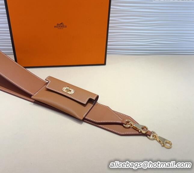 Famous Brand Hermes Kelly Pocket Trap Pouch Belt in Grianed Calfskin with Gold Buckle 8042 Brown 2024