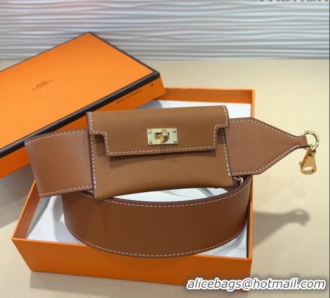 Famous Brand Hermes Kelly Pocket Trap Pouch Belt in Grianed Calfskin with Gold Buckle 8042 Brown 2024