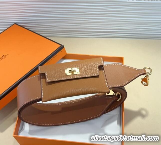 Famous Brand Hermes Kelly Pocket Trap Pouch Belt in Grianed Calfskin with Gold Buckle 8042 Brown 2024