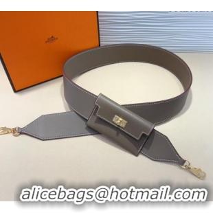 Most Popular Hermes Kelly Pocket Trap Pouch Belt in Grianed Calfskin with Gold Buckle 8042 Grey 2024