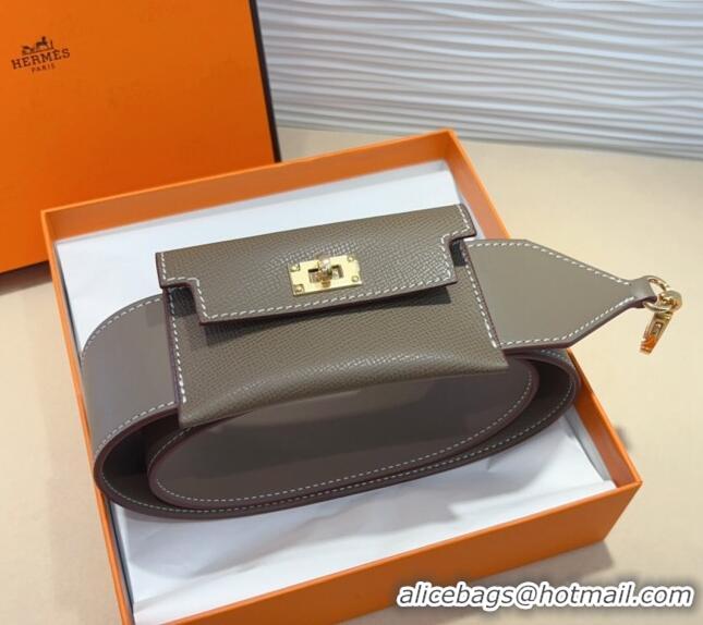 Most Popular Hermes Kelly Pocket Trap Pouch Belt in Grianed Calfskin with Gold Buckle 8042 Grey 2024