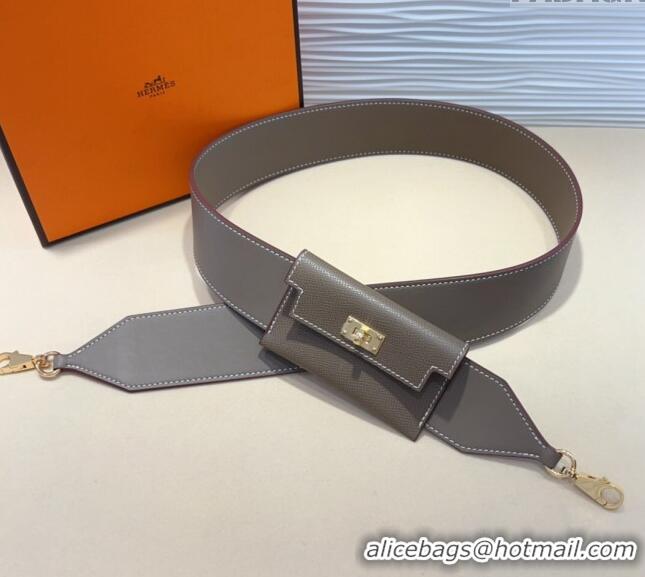 Most Popular Hermes Kelly Pocket Trap Pouch Belt in Grianed Calfskin with Gold Buckle 8042 Grey 2024