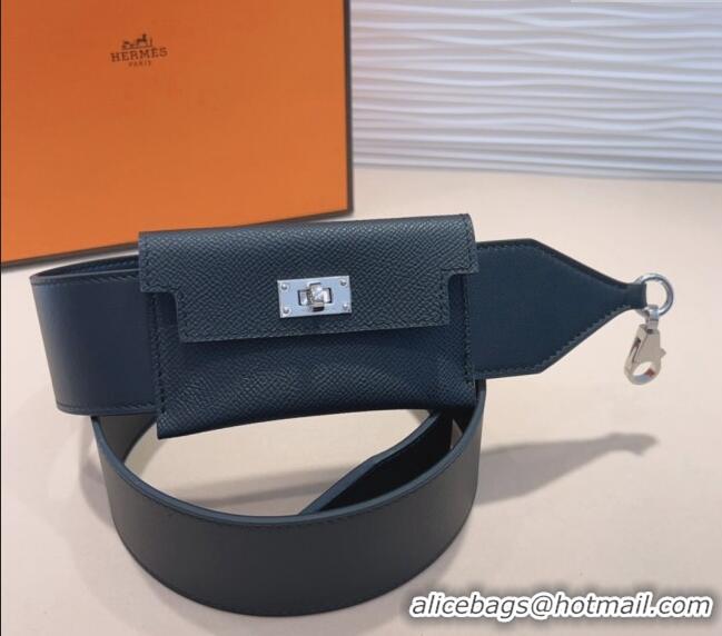 Market Sells Hermes Kelly Pocket Trap Pouch Belt in Grianed Calfskin with Silver Buckle 8042 Black 2024