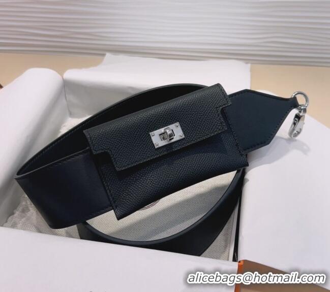 Market Sells Hermes Kelly Pocket Trap Pouch Belt in Grianed Calfskin with Silver Buckle 8042 Black 2024