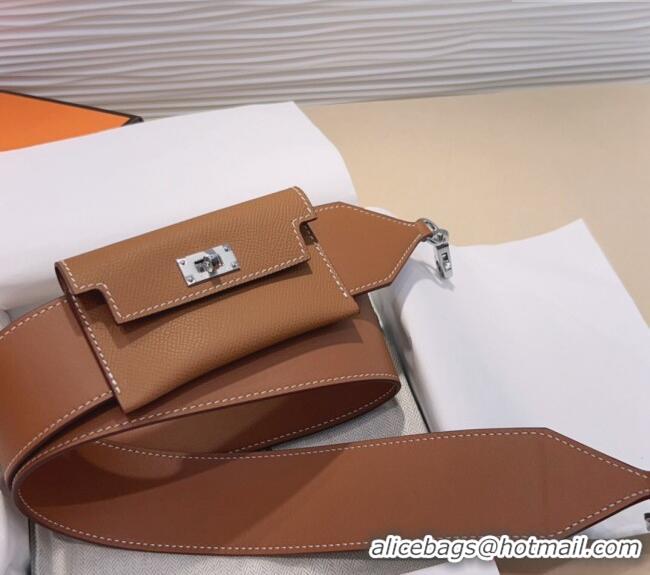 Discount Hermes Kelly Pocket Trap Pouch Belt in Grianed Calfskin with Silver Buckle 8042 Brown 2024