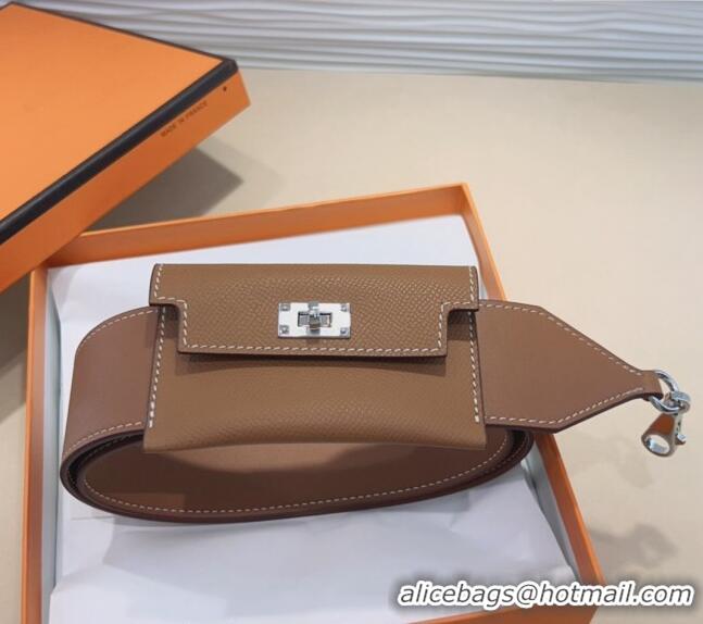 Discount Hermes Kelly Pocket Trap Pouch Belt in Grianed Calfskin with Silver Buckle 8042 Brown 2024