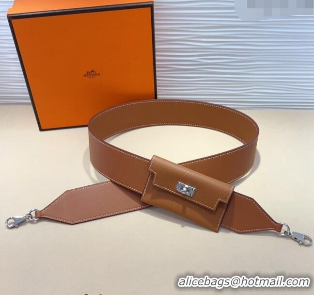 Discount Hermes Kelly Pocket Trap Pouch Belt in Grianed Calfskin with Silver Buckle 8042 Brown 2024