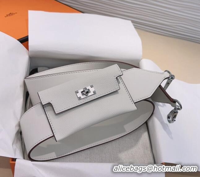 Good Taste Hermes Kelly Pocket Trap Pouch Belt in Grianed Calfskin with Silver Buckle 8042 White 2024