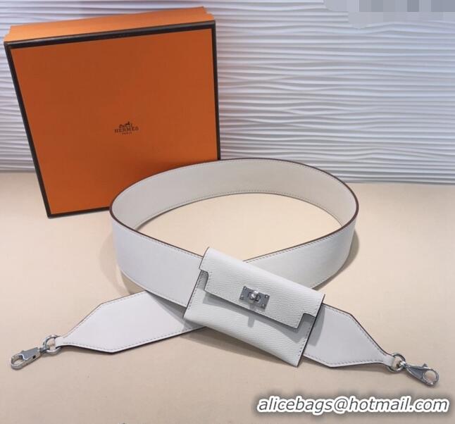 Good Taste Hermes Kelly Pocket Trap Pouch Belt in Grianed Calfskin with Silver Buckle 8042 White 2024