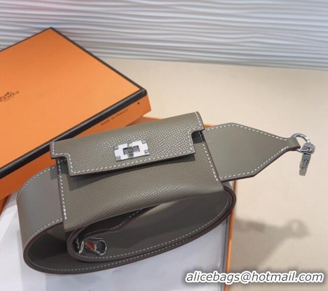 Luxury Cheap Hermes Kelly Pocket Trap Pouch Belt in Grianed Calfskin with Silver Buckle 8042 Grey 2024