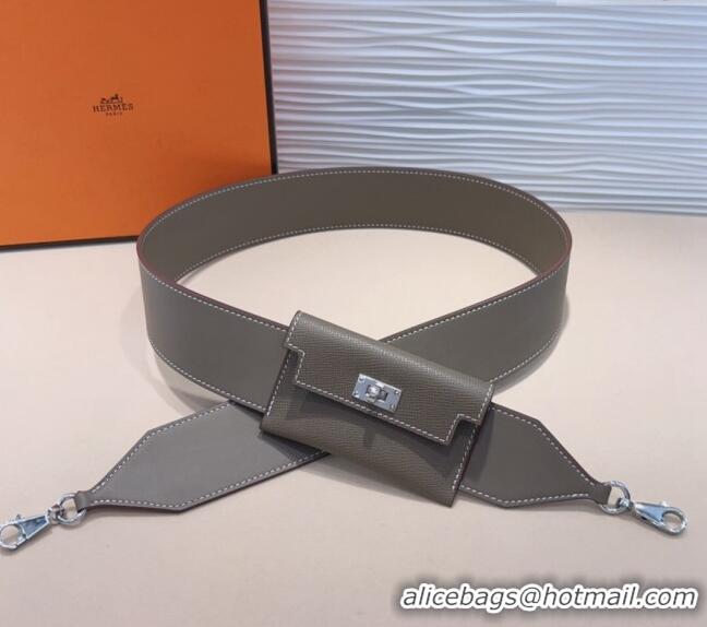 Luxury Cheap Hermes Kelly Pocket Trap Pouch Belt in Grianed Calfskin with Silver Buckle 8042 Grey 2024