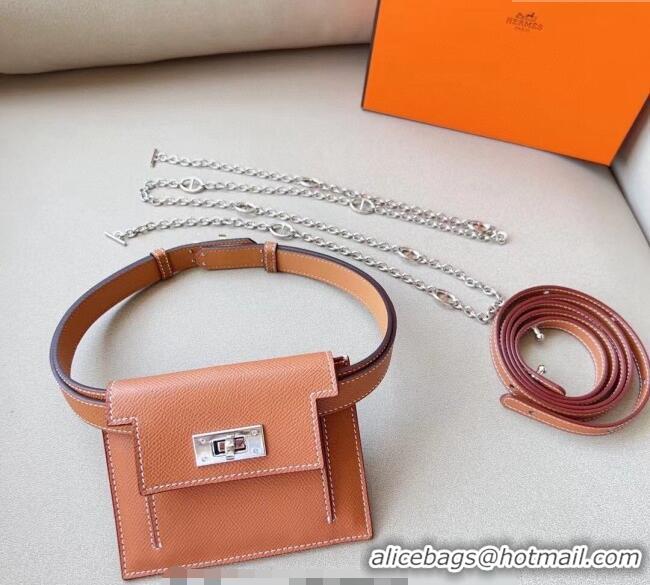 Luxury Discount Hermes Kelly Pocket Trap Pouch Belt in Grianed Calfskin 0708 Brown 2024