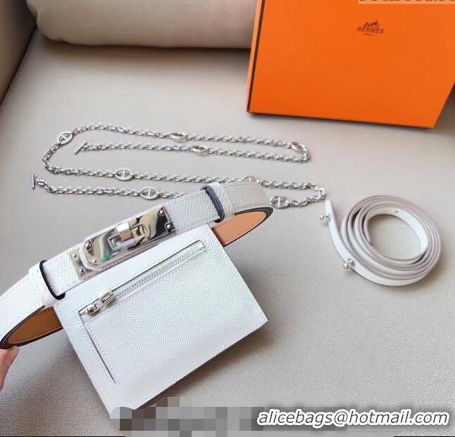 Luxurious Hermes Kelly Pocket Trap Pouch Belt in Grianed Calfskin 0708 White 2024