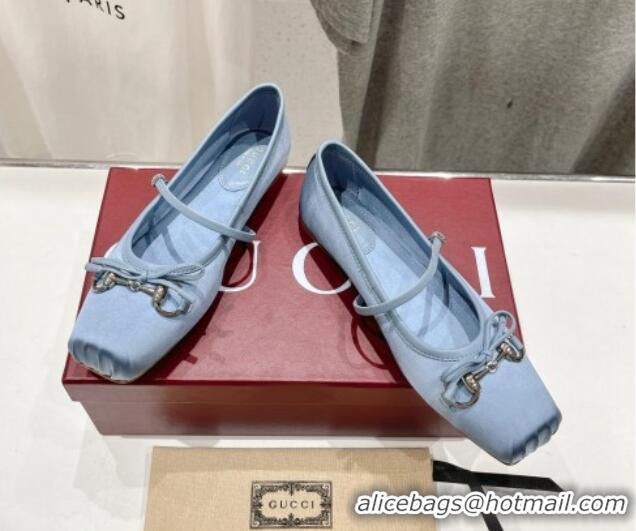 Grade Quality Gucci Satin Ballet Flat with Horsebit Light Blue 702130