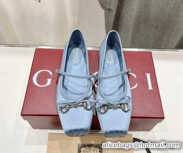 Grade Quality Gucci Satin Ballet Flat with Horsebit Light Blue 702130