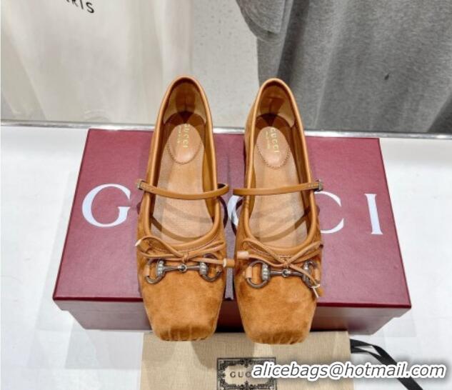 Buy Luxury Gucci Suede Ballet Flat with Horsebit Brown 702131