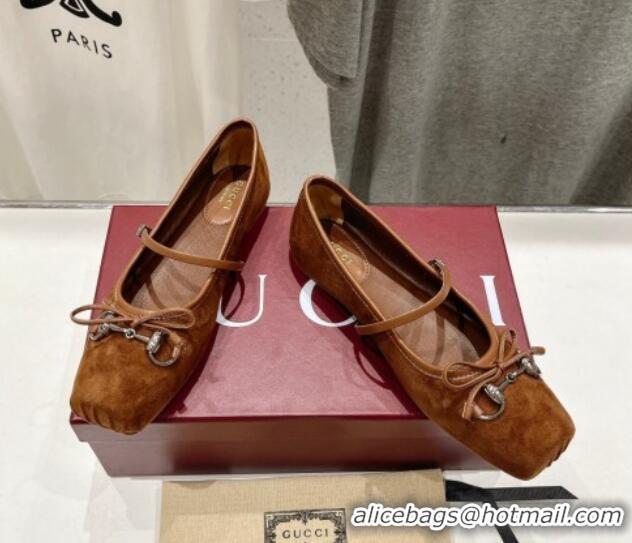 Best Grade Gucci Suede Ballet Flat with Horsebit Dark Brown 702132