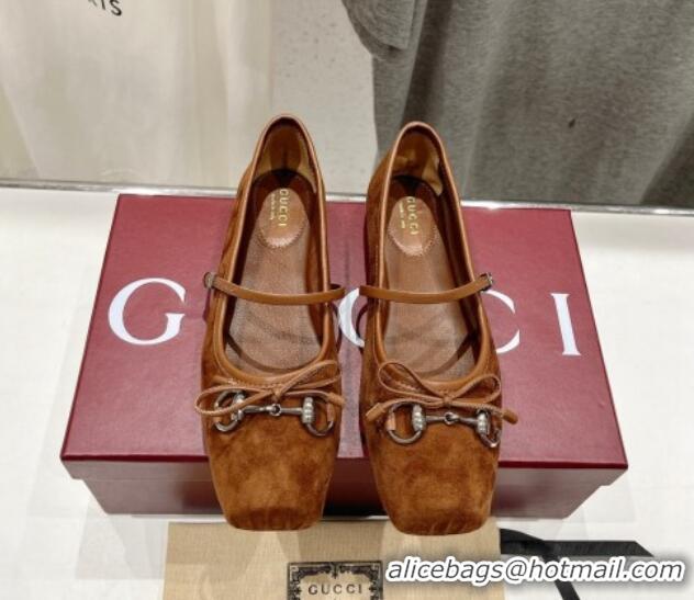 Best Grade Gucci Suede Ballet Flat with Horsebit Dark Brown 702132