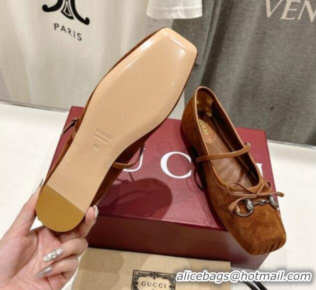 Best Grade Gucci Suede Ballet Flat with Horsebit Dark Brown 702132